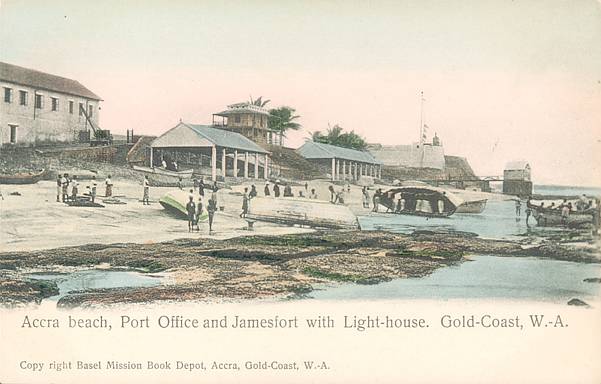 Accra: Beach with Port Office and James Fort