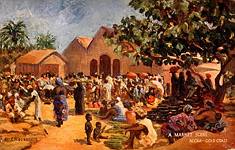  
Series I-6
Salaga Market. A market scene on the great trade routes between Coomassie, the capital of Ashanti and Timbuctoo.
Guggisbergs text: 
'...the old market with its wealth of colouring, its movement, its sunshine and shade...' (Guggisberg, Gold Coast News, no.25).
Note:
Contrary to the caption on the back of the card, it is likely that we have to identify this card as depicting the Salaga Market in Accra, named after the northern town of Salaga [MRD].

